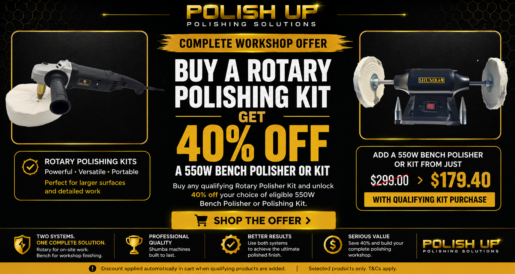 Buy a Rotary Polishing Kit and get 40% off an eligible 550W Bench Polisher or Kit