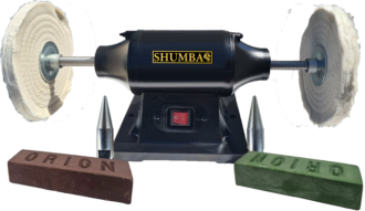 Shumba 550W bench polisher with two wheels, tapered spindle adaptors and brown and green alloy polishing compound bars