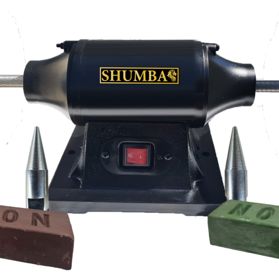 Shumba 550W bench polisher with two wheels, tapered spindle adaptors and brown and green alloy polishing compound bars