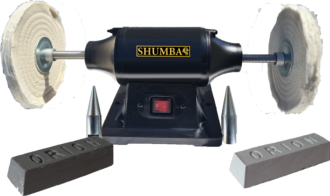 Shumba 550W bench polisher with two wheels, tapered spindle adaptors and stainless steel cutting and finishing compound bars