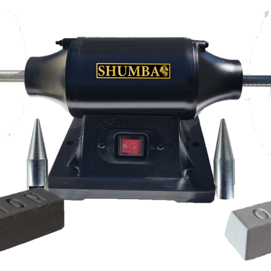 Shumba 550W bench polisher with two wheels, tapered spindle adaptors and stainless steel cutting and finishing compound bars